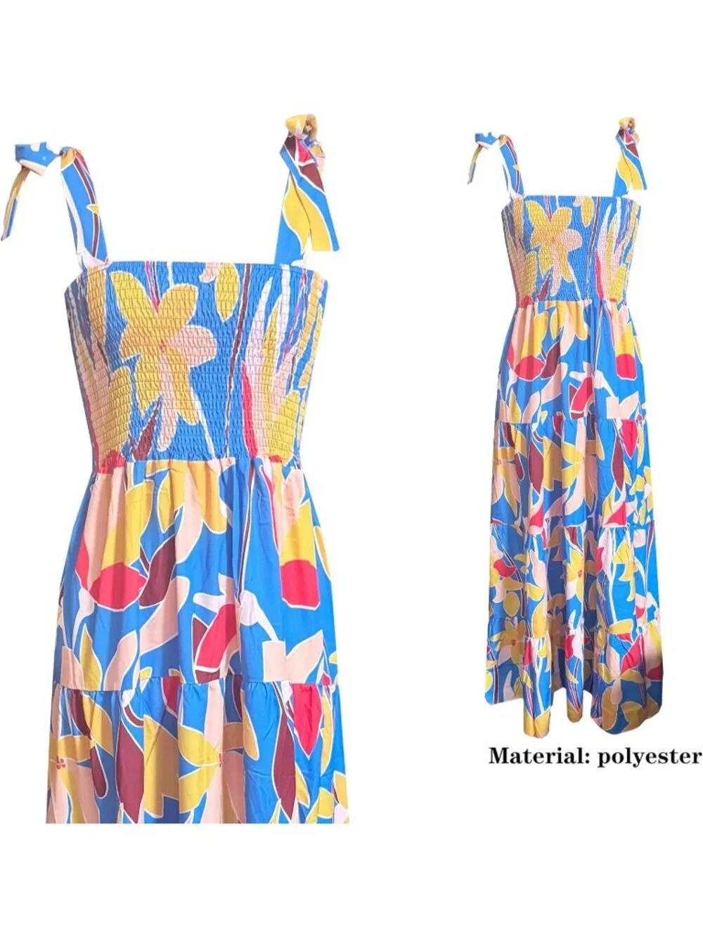 Women's Blue Yellow Sleeveless Square Neck Ruffle Casual Imported Maxi Dress - Picture 6 of 6